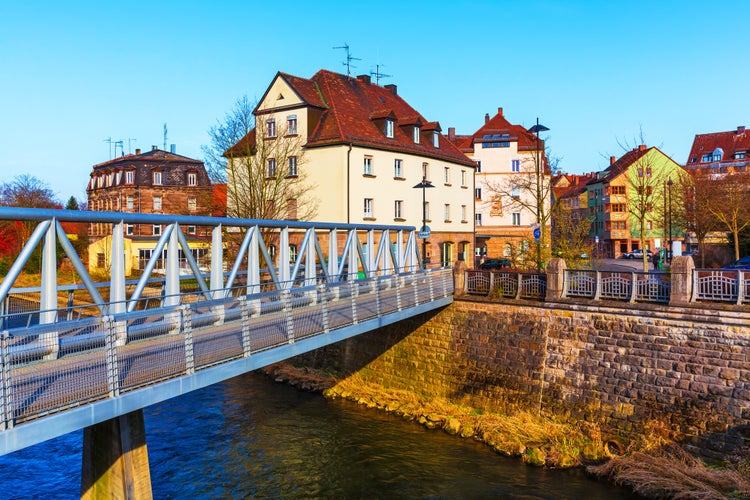 Scenic sunset view of ancient buildings and street architecture in the Old Town of Furth, Bavaria, Germany