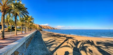 Photo of panoramic view of the Mediterranean beach of Roquetas de Mar in southern Spain.