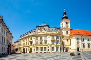 Photo of the facade of the Administrative Palace of Craiova (today Dolj Prefecture and County Council), an imposing historical monument located on the territory of Craiova, Romania.