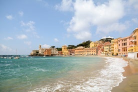 Photo of aerial view of Levanto or Levante, a beautiful fishing village in Liguria, Italy.