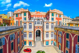 Photo of beautiful landscape of panoramic aerial view port of Genoa in a summer day, Italy.