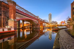 Photo of panoramic aerial view of Salford Quays, Manchester, UK.