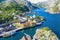 Nusfjord, Norway from above in sunny weather