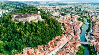 Capital of Slovenia, panoramic view with old town and castle.