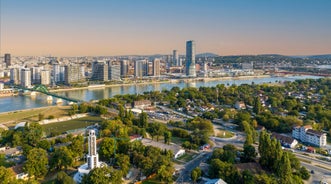 Panoramic view of Skopje town with Vodno hill in the background.