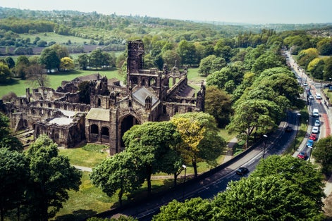 Photo of aerial view of the Kirkstall Abbey in Leeds, UK.
