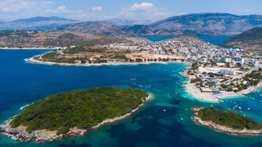 Photo of panoramic aerial view of Ksamil beautiful beach, Albanian Riviera.