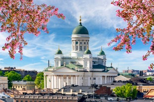 Early autumn morning panorama of the Port of Turku, Finland, with Turku Castle at background.