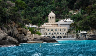 Photo of panoramic aerial view of town Rapallo in Liguria, Italy.