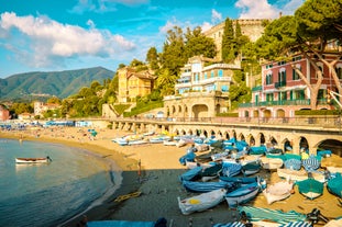 Photo of aerial view of Levanto or Levante, a beautiful fishing village in Liguria, Italy.