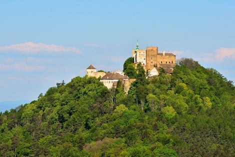 Photo of aerial view of Castle Buchlov, The first building of the castle dates back to the 13th century. Buchlov is one of the oldest castles in the Czech Republic.