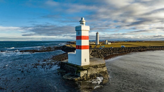 PHOTO OF aerial view on Garður Old Lighthouse, iceland .