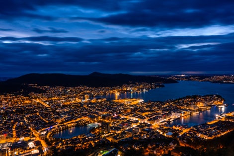 A long expose cityscape of Bryggen in evening, Norway.