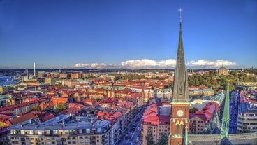 Photo of main place of Vimmerby with well and tourist office, Sweden.