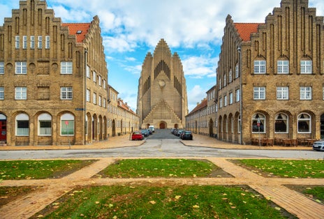 Photo of beautiful and Famous Lutheran Grundtvig's Church in the style of expressionism. Copenhagen, Denmark.