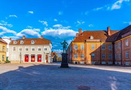 Torvet square in Fredrikstad with statue of the founder of the city - king Fredrik II, Norway