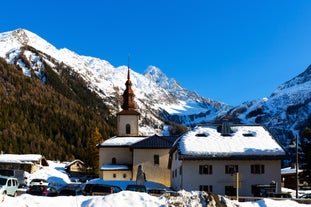 photo of an aerial view from Aiguille des Grands Montets on Argentière in winter, France.