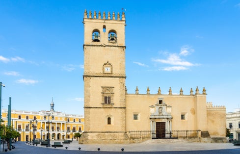 Square of Spain, in Spanish Plaza de Espana. Saint John the Baptist" Cathedral "San Juan Bautista"