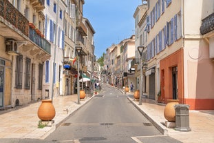 photo of harbor and town of Golfe-Juan Vallauris, commune of the Alpes-Maritimes department, which belongs in turn to the Provence-Alpes-Cote of Azur region of France.