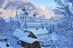 Photo of loisach river flowing through garmisch-partenkirchen, idyllic winter landscape bavaria.