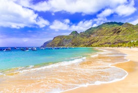 Photo of beach aerial view of Machico bay and Cristiano Ronaldo International airport in Madeira, Portugal.