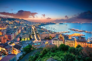 Naples, Italy. View of the Gulf of Naples from the Posillipo hill with Mount Vesuvius far in the background and some pine trees in foreground.