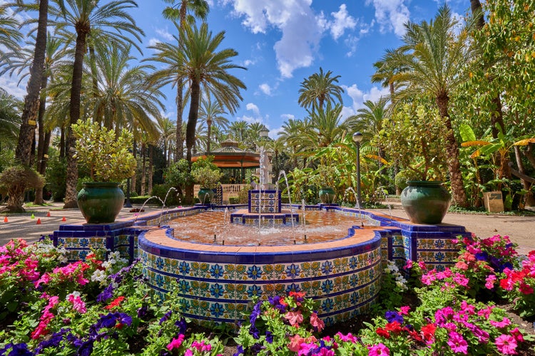 Photo of fountain inside the Palmeral de Elche surrounded by flowers and palm trees. In the municipal park of Elche, Alicante, Spain.