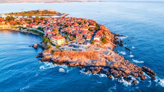 Photo of panoramic aerial view of the sea port of Sveti Vlas in Bulgaria.