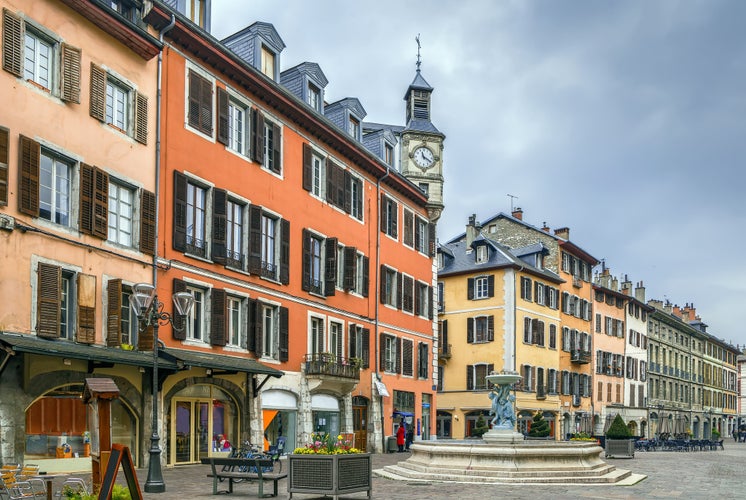 Photo of street with historical houses in Chambery city center, France.