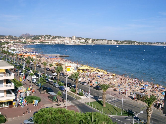 Saint Raphael beach and waterfront panoramic view, famous tourist destination of French riviera, Alpes Maritimes region of France