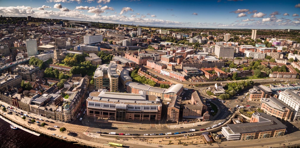 photo of view of Aerial view of Newcastle quayside and NE1 post code taken over the River Tyne in early evening.