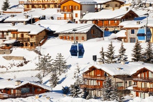 photo of panoramic view of Sestriere village from above, famous ski resort in the Italian western Alps, Piedmont, Italy.