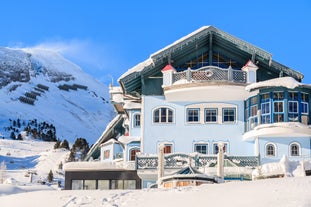 Photo of aerial view of Obertauern mountain village in winter season, Austria.