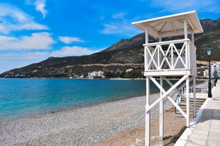 Photo of Heraion in Perachora with small beach, Loutraki, Greece.