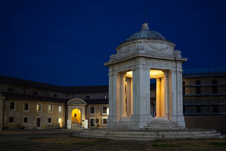 San Rocco Temple inside the pentagonal 18th century building called Mole Vanvitelliana at dusk. Ancona, Marche Region, Italy.