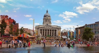 Photo of Nottingham Council House and a fountain front shot at Twilight, UK.