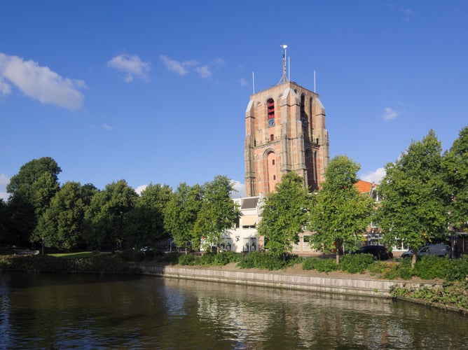 The inclined tower Oldehove, at Leeuwarden, as seen from the bridge Vrouwenpoortsbrug.