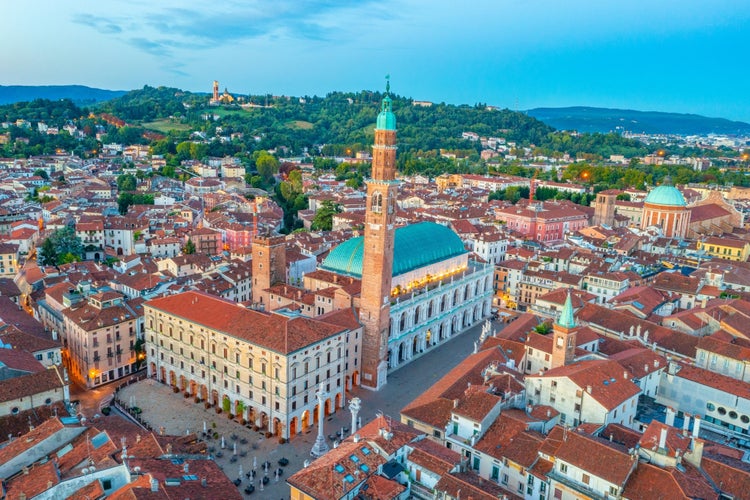 Photo of aerial view of Basilica Palladiana at the Piazza dei Signori square in the Italian town Vicenza.