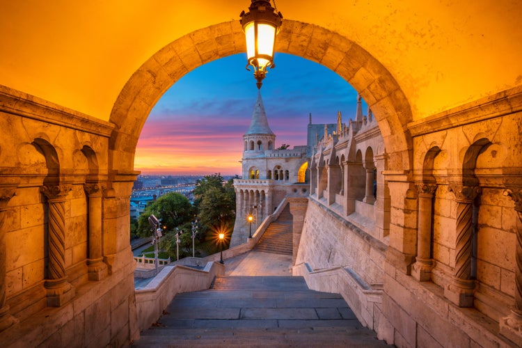 Sunrise at Fisherman-s Bastion in Budapest, Hungary.jpg