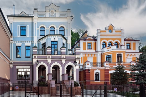 Photo of Upscale town colorful Vozdvizhenka street buildings of Kyiv city in Ukraine.