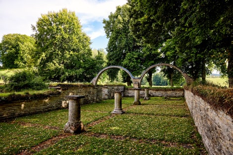 photo of old archway in the abbey ruins at at Varnhems monastery church in Sweden.