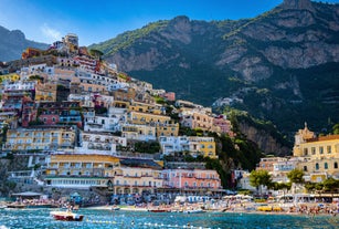 Photo of aerial morning view of Amalfi cityscape on coast line of Mediterranean sea, Italy.