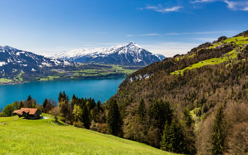 Photo of View from Beatenberg to the Lake Thun and the Niesen Mountain in the Swiss Bernese Alps.