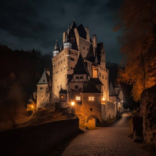 photo of view of Eltz Castle or Burg Eltz. Medieval castle on the hills above the Moselle river. Rhineland-Palatinate Germany.