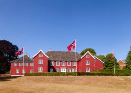 photo of the cityscape of Sandvika with the community house in bright sunshine a warm summer day in Norway.