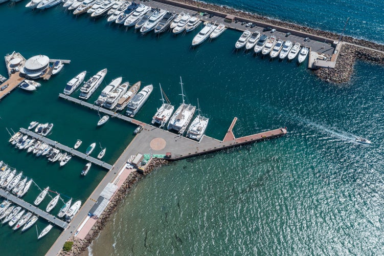 The aerial panoramic view of the Château de la Napoule castle located on the waterfront in Mandelieu-la-Napoule, Côte d'Azur region of southern France