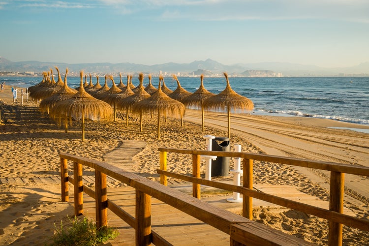 Wooden walkway down to sandy Santa Pola beach, Costa Blanca, Spain