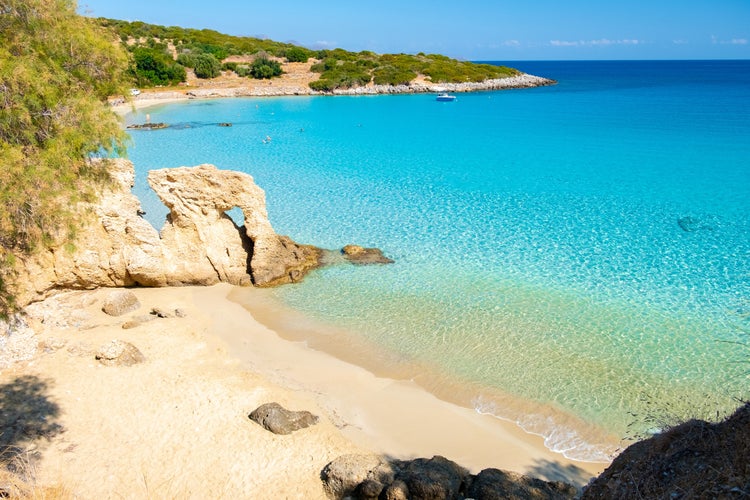 Photo of Voulisma Beach Istron Crete Greece, the most beautiful beaches of Crete island Istron Bay near Agios Nikolaos.