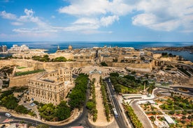 Aerial view of Lady of Mount Carmel church, St.Paul's Cathedral in Valletta embankment city center, Malta.