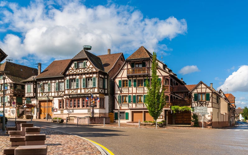 Photo of Alsatian style houses in Kintzheim, Alsace, France .